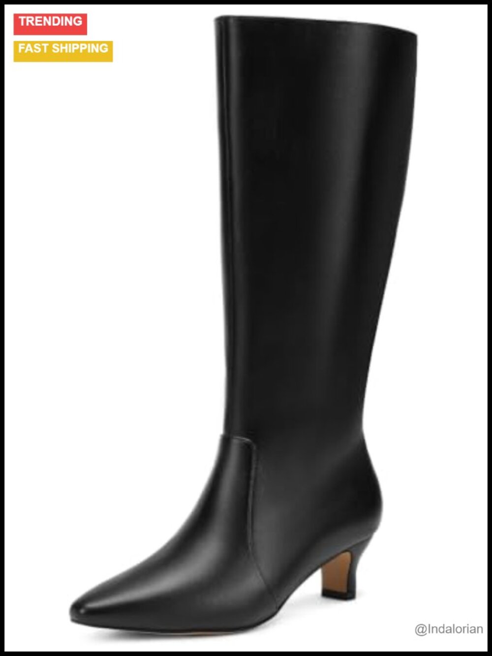 Wide Calf Knee High Boots Kitten Heel Pointed Toe Faux Leather